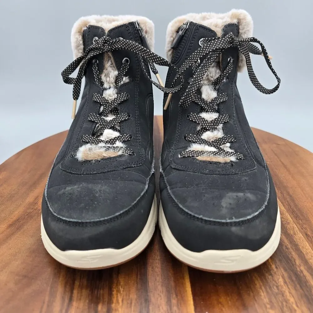 Skechers Boots Womens 9 Black Zip Lace Up Faux Fur Lined On The Go Ankle Booties